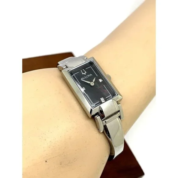 Bulova Womens Watch 96P209 Silver Tone Black Mother of Pearl Dial Diamon…